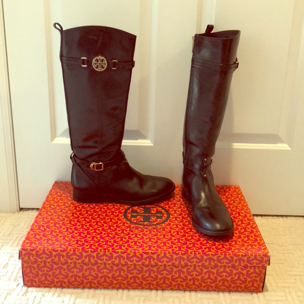 Black leather Tory Burch boots with gold detail